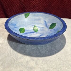 Large Hand Painted Wooden Bowl 11x10x4, Marble Blue With Leaves Gold Trim.